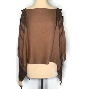 Folklora Hand Made In Mexico Woven Leather Straps Fringe Trim Taupe Poncho NWT!